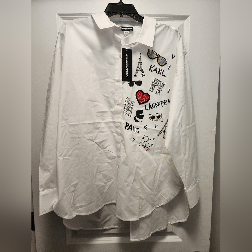 Karl Lagerfeld White Button-Up Shirt with Paris Graphic Embroidery